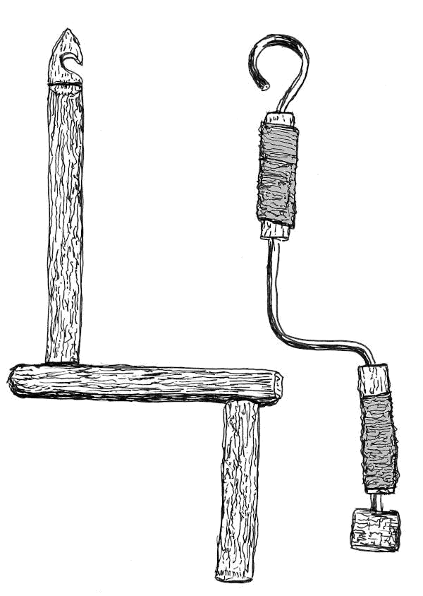 Sketch of an all wook crank, and an iron wire crank with wooden handles.