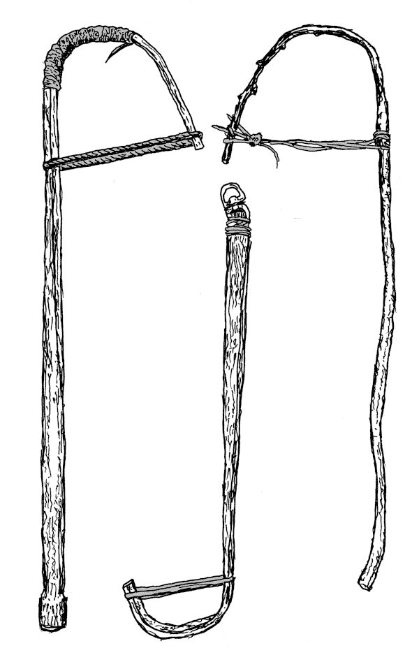Sketch of three bent wood crooks for twisting rope.