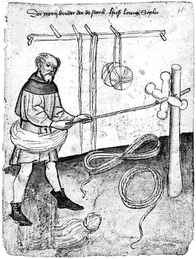 Medieval illustration of a ropemaker spinning rope from his reel.