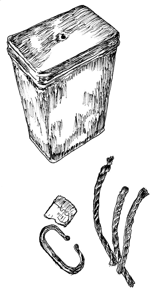 Sketch of charcord making tin, charcord, flint and steel.