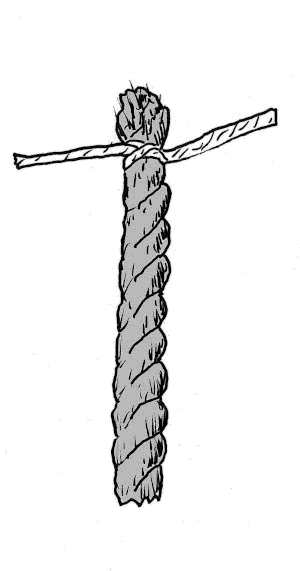 Sketch of a rope end tied with a constrictor (whipping) knot to prevent fraying.
