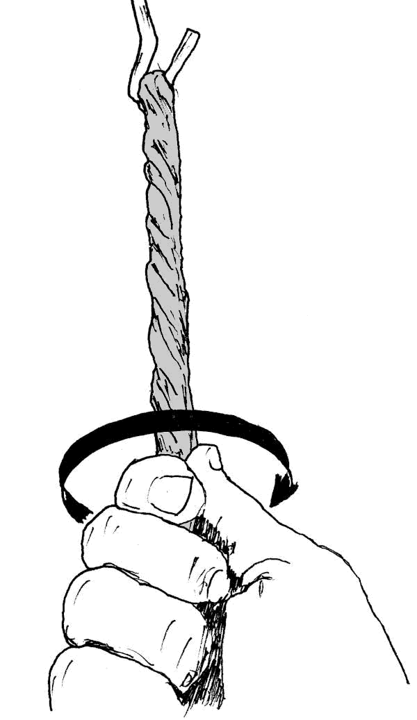 Sketch showing a piece of rope being twist clockwise in your hand.