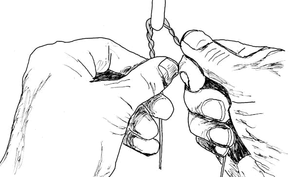 Sketch: hand twisting two bundles of fiber in the same direction.