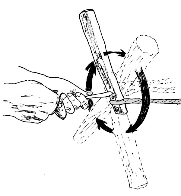 Sketch showing how yarn is twisted with a rope spinner.