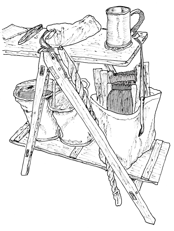 Shelf laid across bottom stringers of table trestle.
